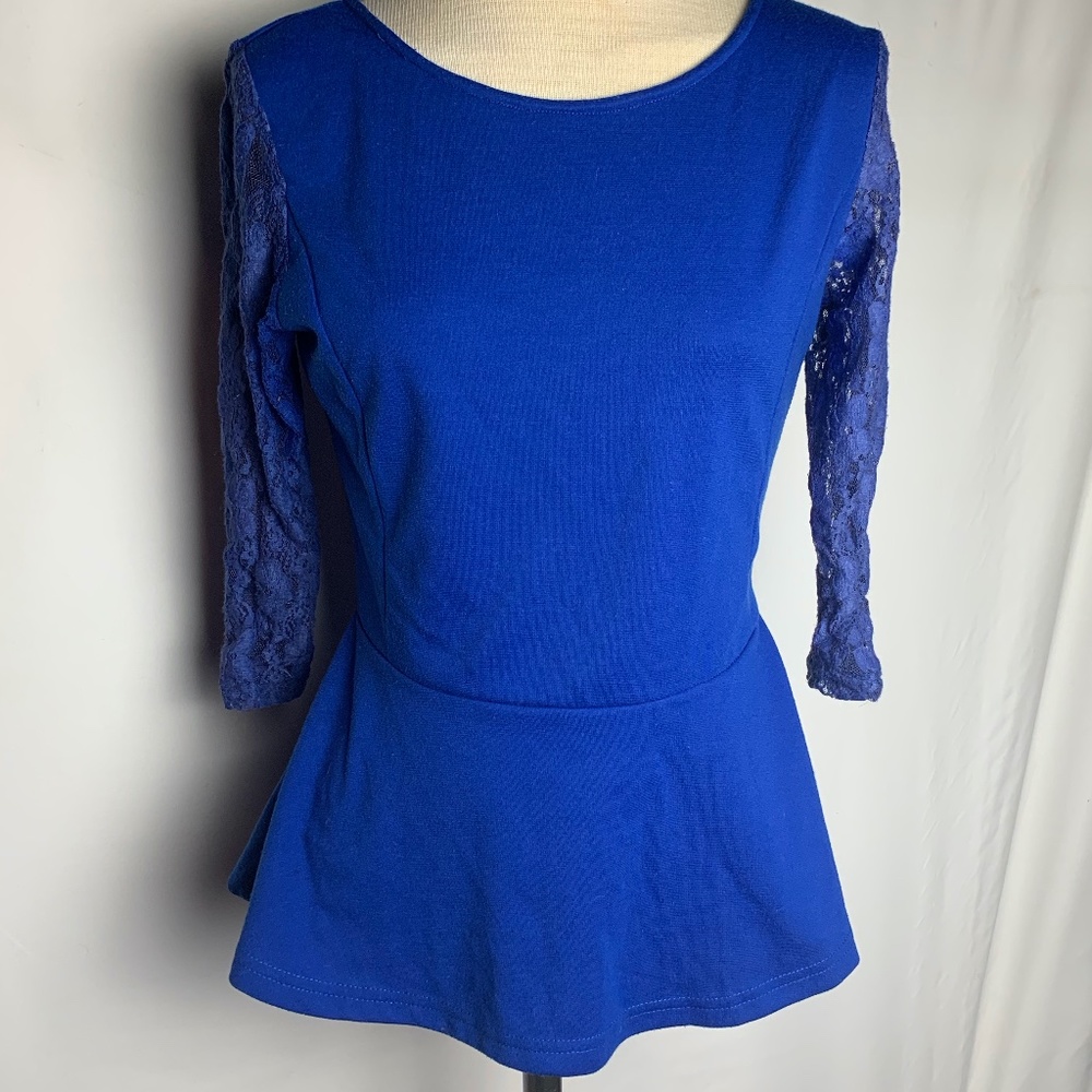 Lace peplum formal blue blouse top